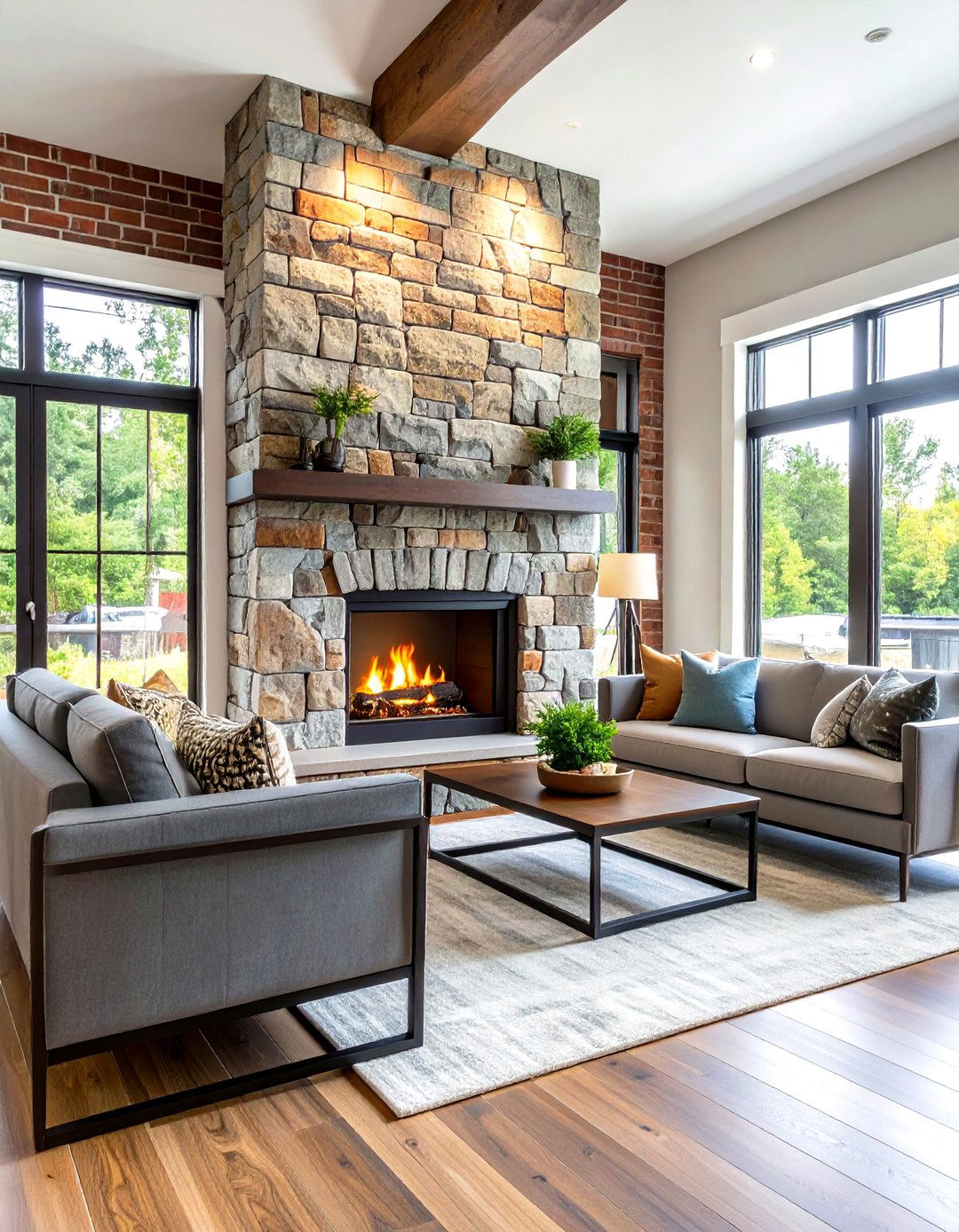 Industrial Brick and Stone Mix Fireplace - 30 living room stone fireplace ideas