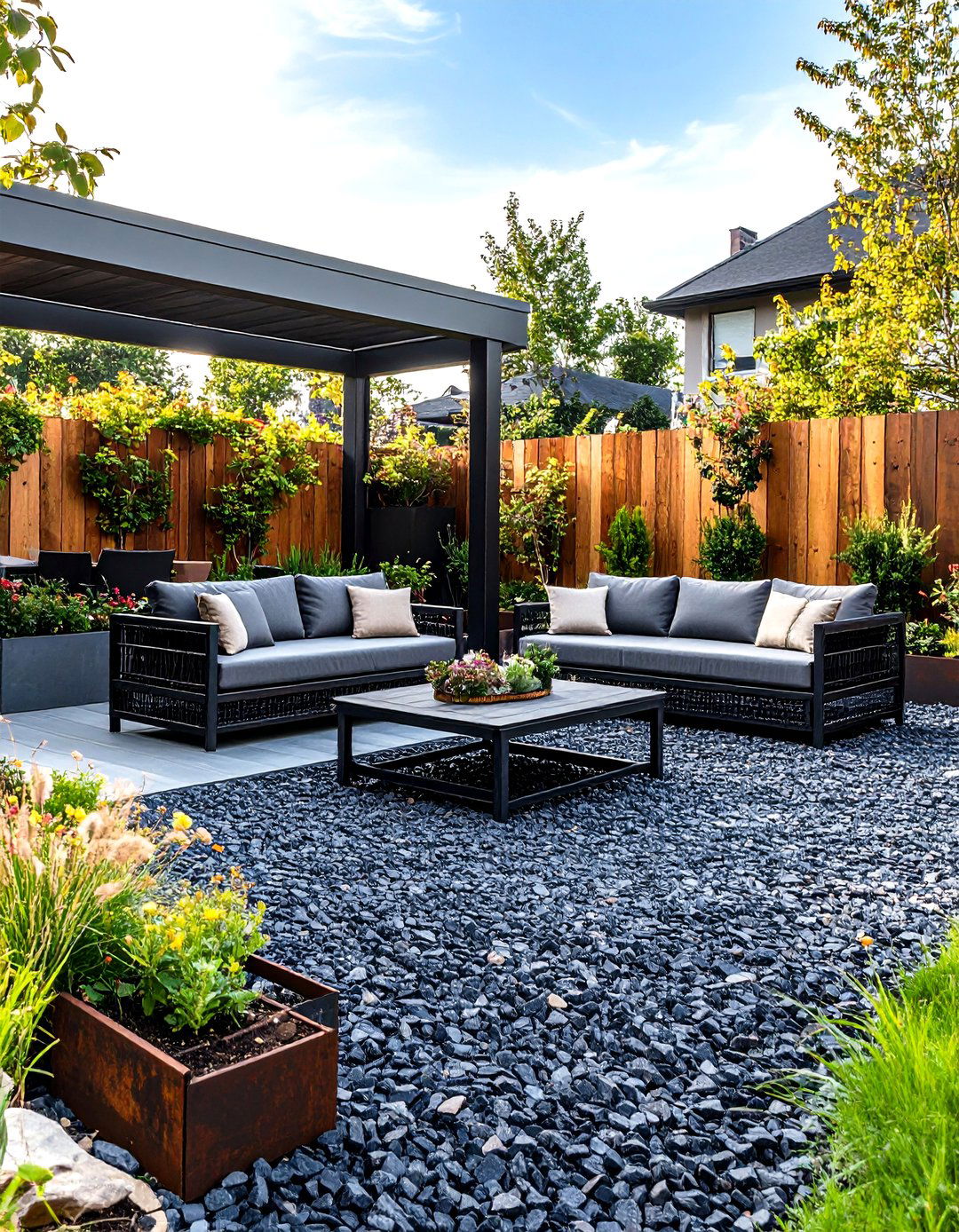 Industrial Chic Patio with Gabion Walls - 30 gravel landscaping ideas