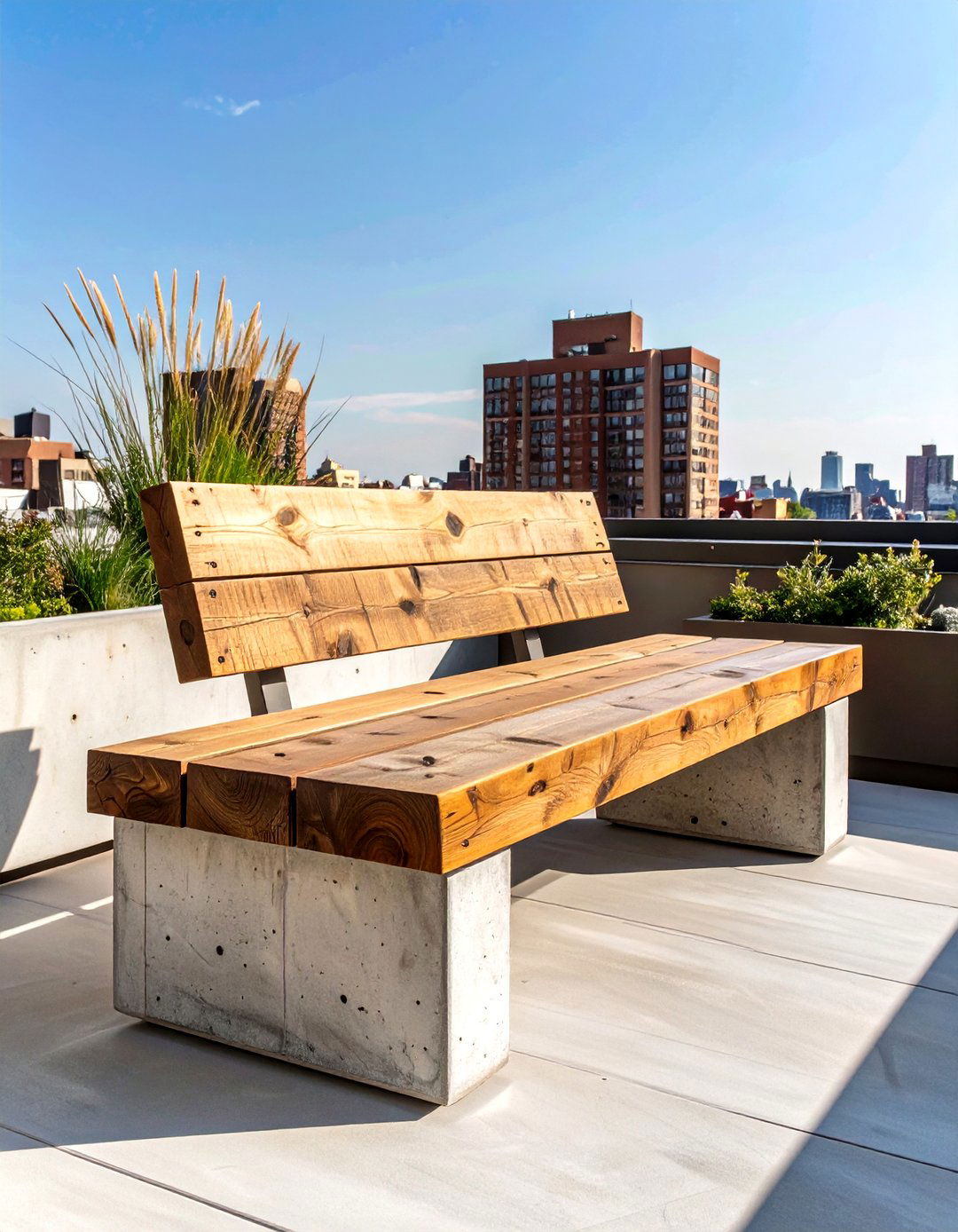 Industrial Concrete and Wood Bench - 30 outdoor bench ideas