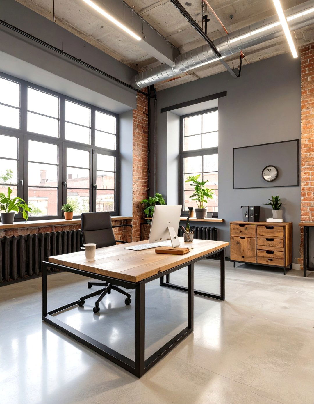 Industrial Gray and Exposed Brick Office - 30 office color ideas