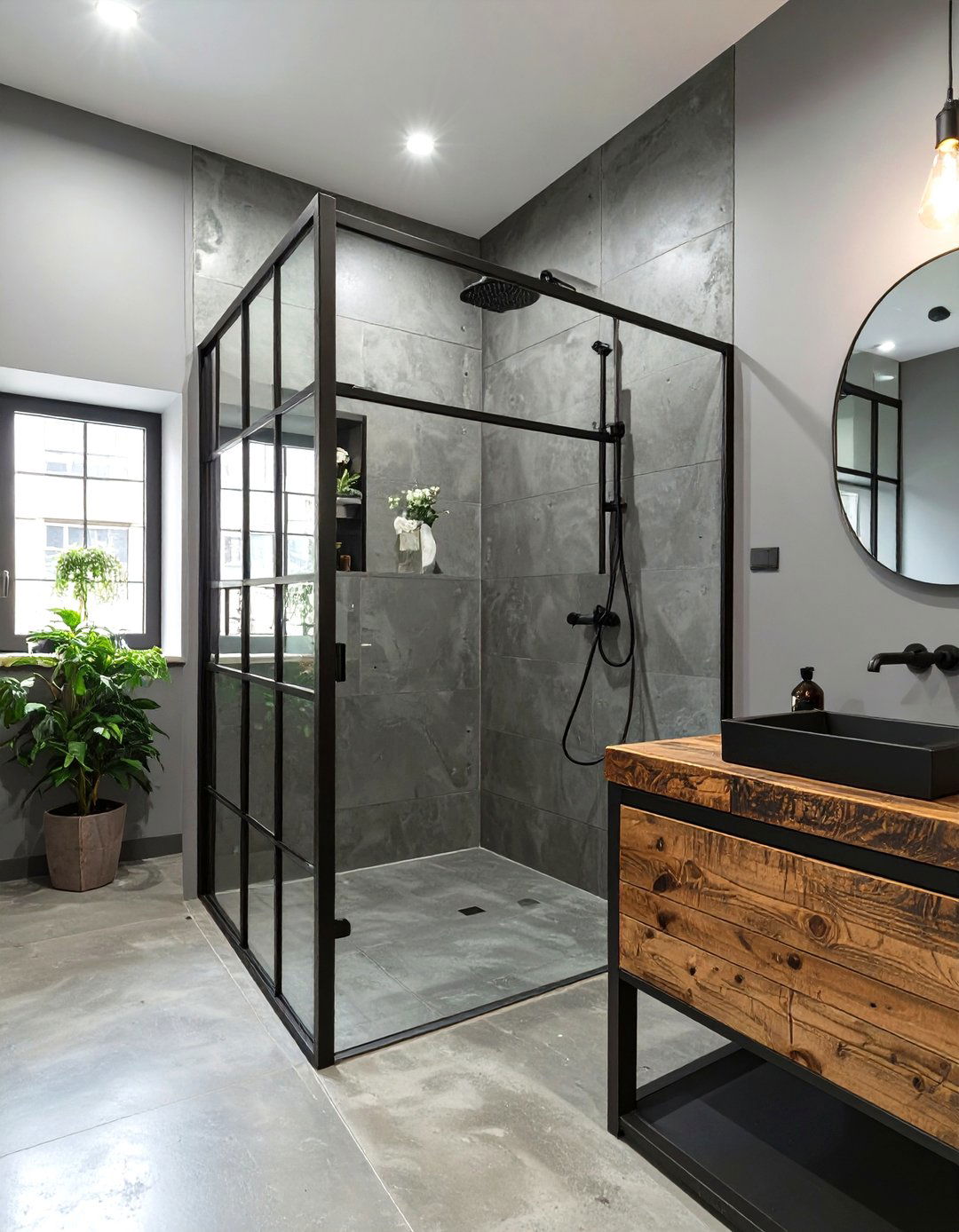 Industrial Gray with Black Metal Bathroom - 30 gray bathroom ideas
