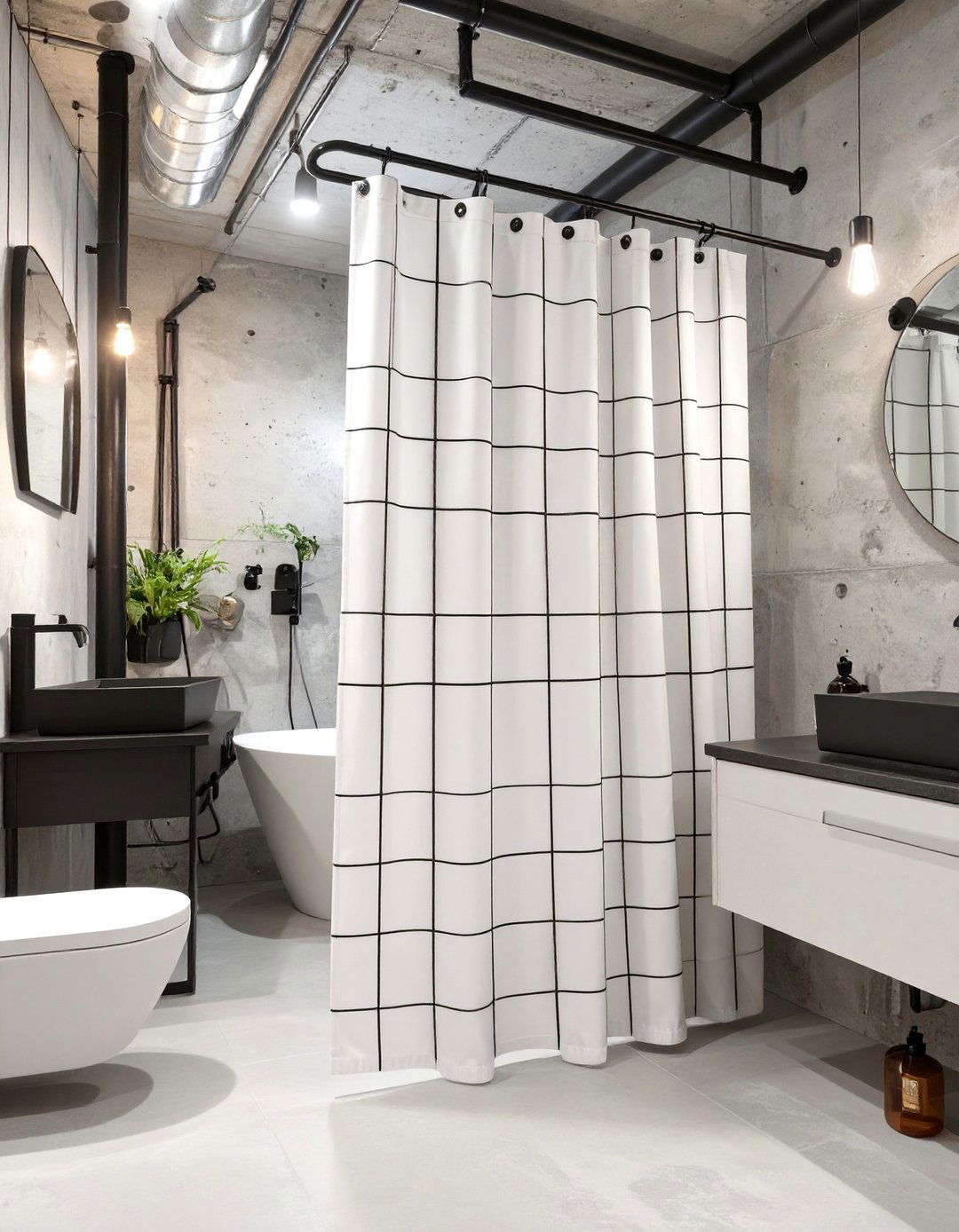 Industrial Grid Pattern Curtain - 30 bathroom curtains ideas