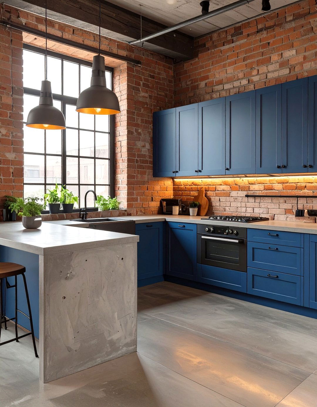 Industrial Kitchen with Blue Cabinets and Brick Walls - 30 blue kitchen cabinets ideas