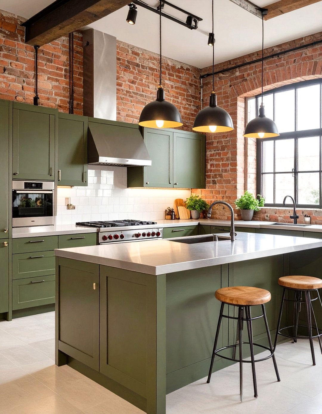 Industrial Kitchen with Dark Green Cabinets and Stainless Steel - 30 green kitchen cabinets ideas