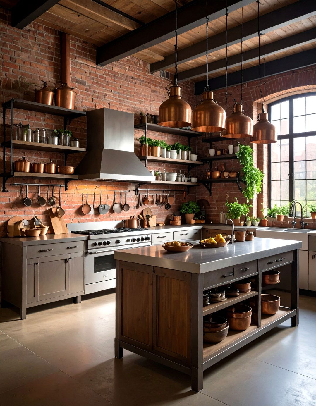Industrial Kitchen with Exposed Brick - 30 kitchen wall decor ideas