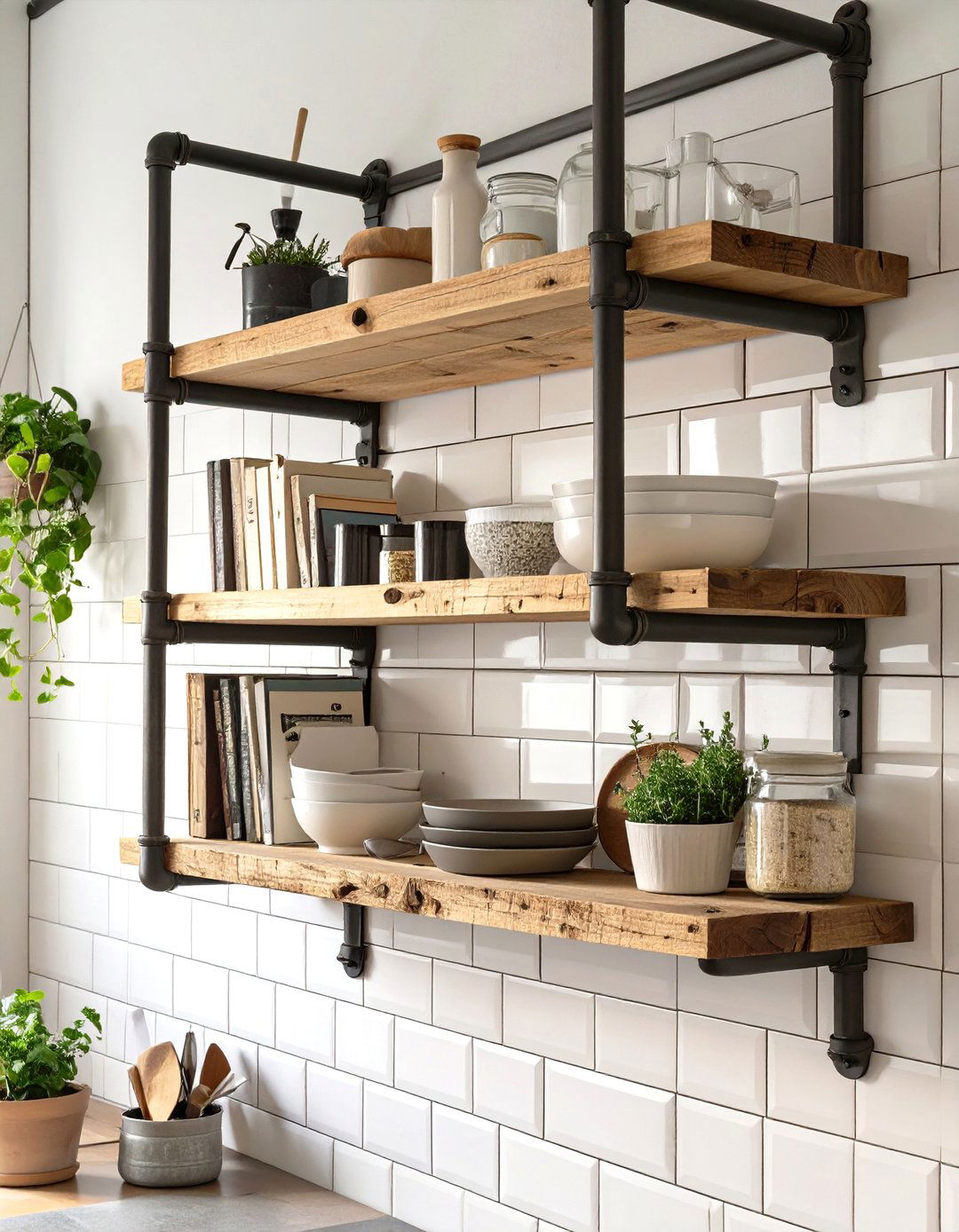 Industrial Kitchen with Open Pipe Shelving - 30 industrial kitchen design ideas