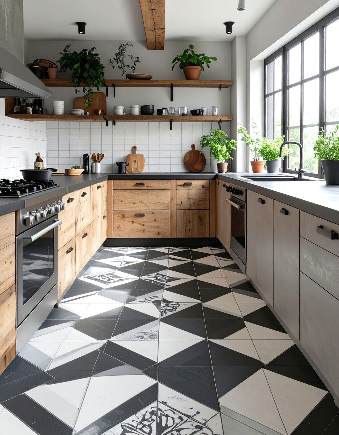 Industrial Kitchen with Patterned Floor Tiles - 30 industrial kitchen design ideas