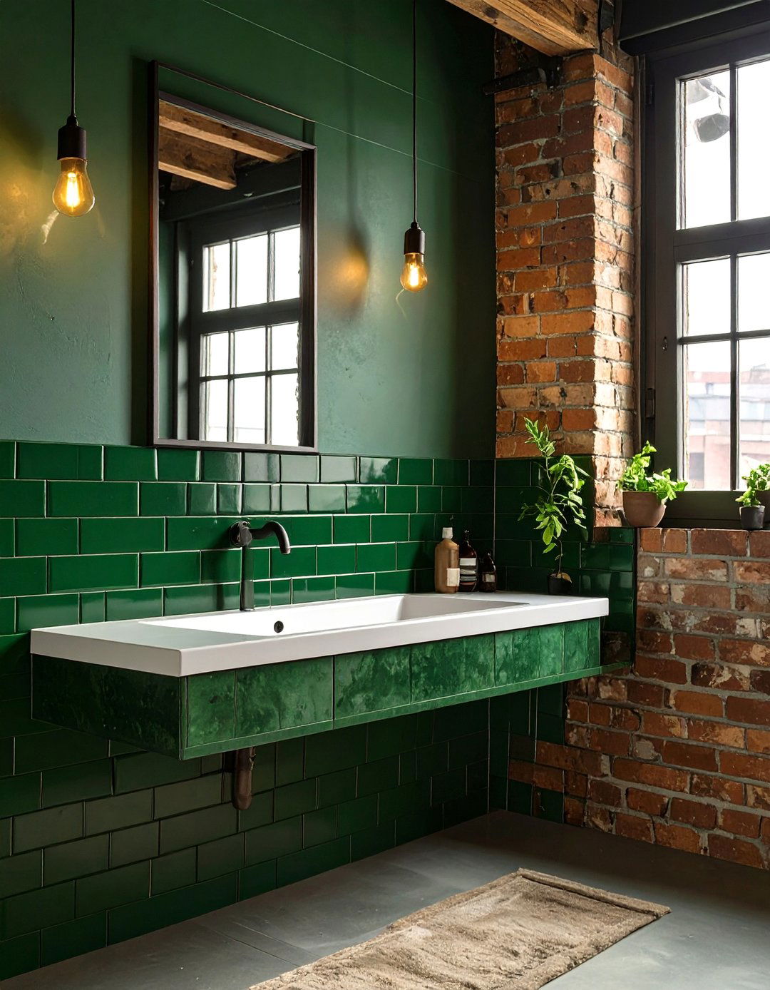 Industrial Loft Bathroom with Green Tiles - 30 dark green bathroom ideas