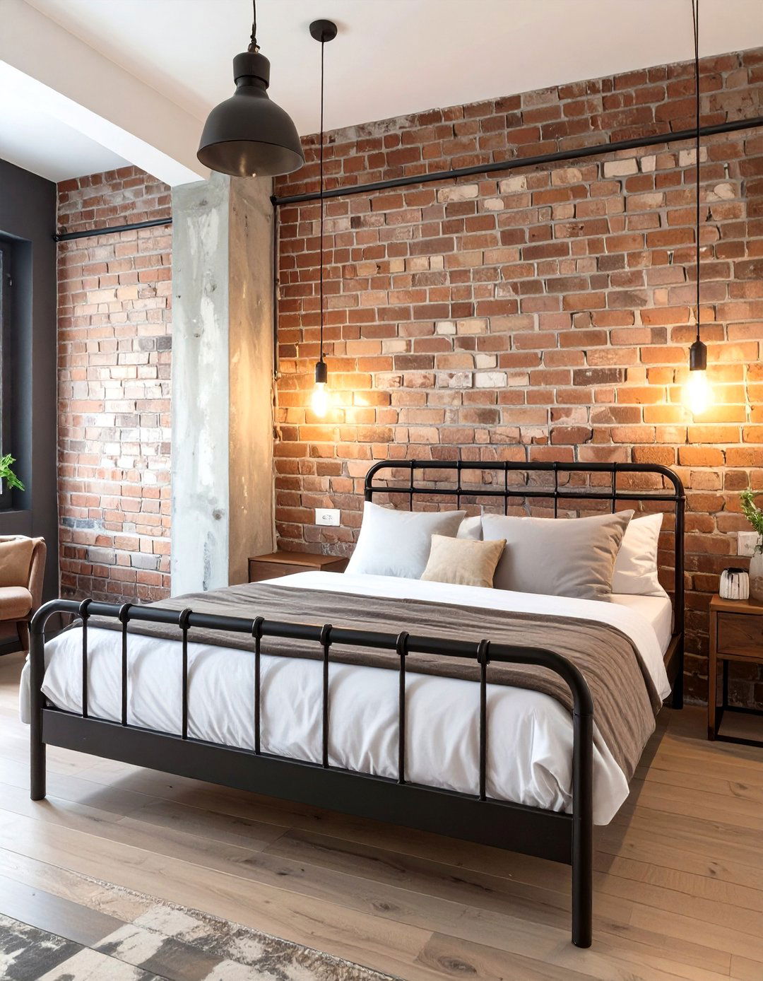 Industrial Loft Bedroom with Brown Brick - 30 brown bedroom ideas