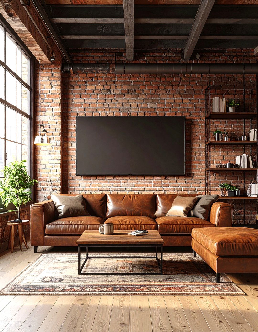Industrial Loft Family Room with Exposed Brick - 30 family room ideas with tv