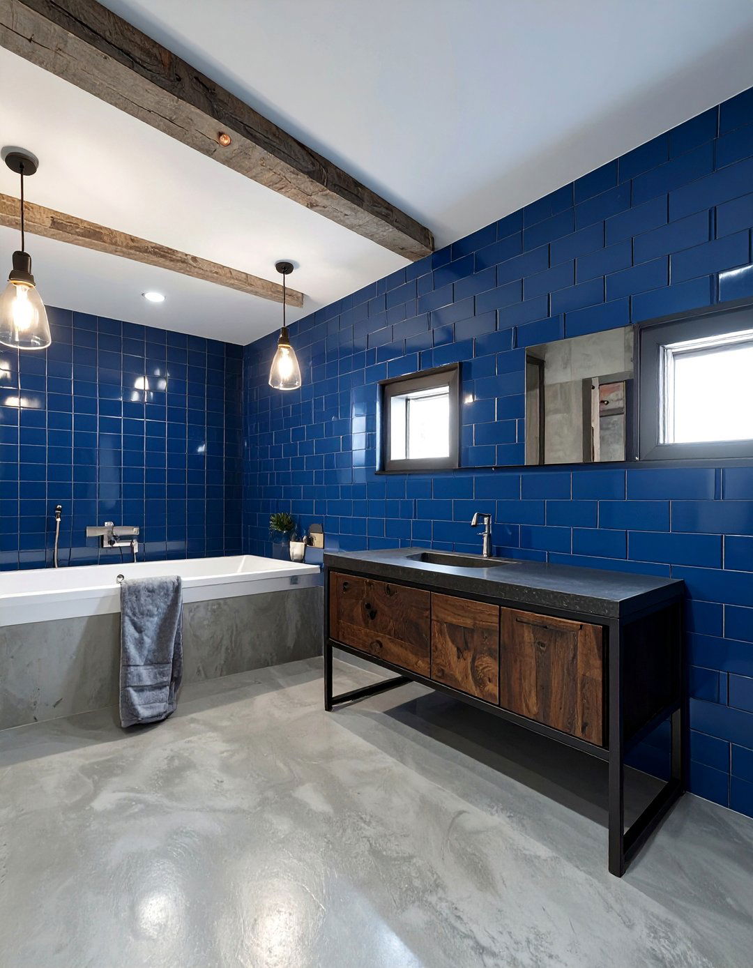 Industrial Loft with Navy Blue and Concrete Gray - 30 blue and gray bathroom ideas