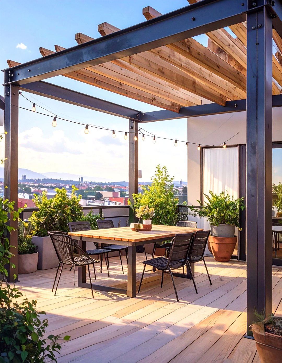 Industrial Metal and Wood Deck Pergola - 30 deck pergola ideas