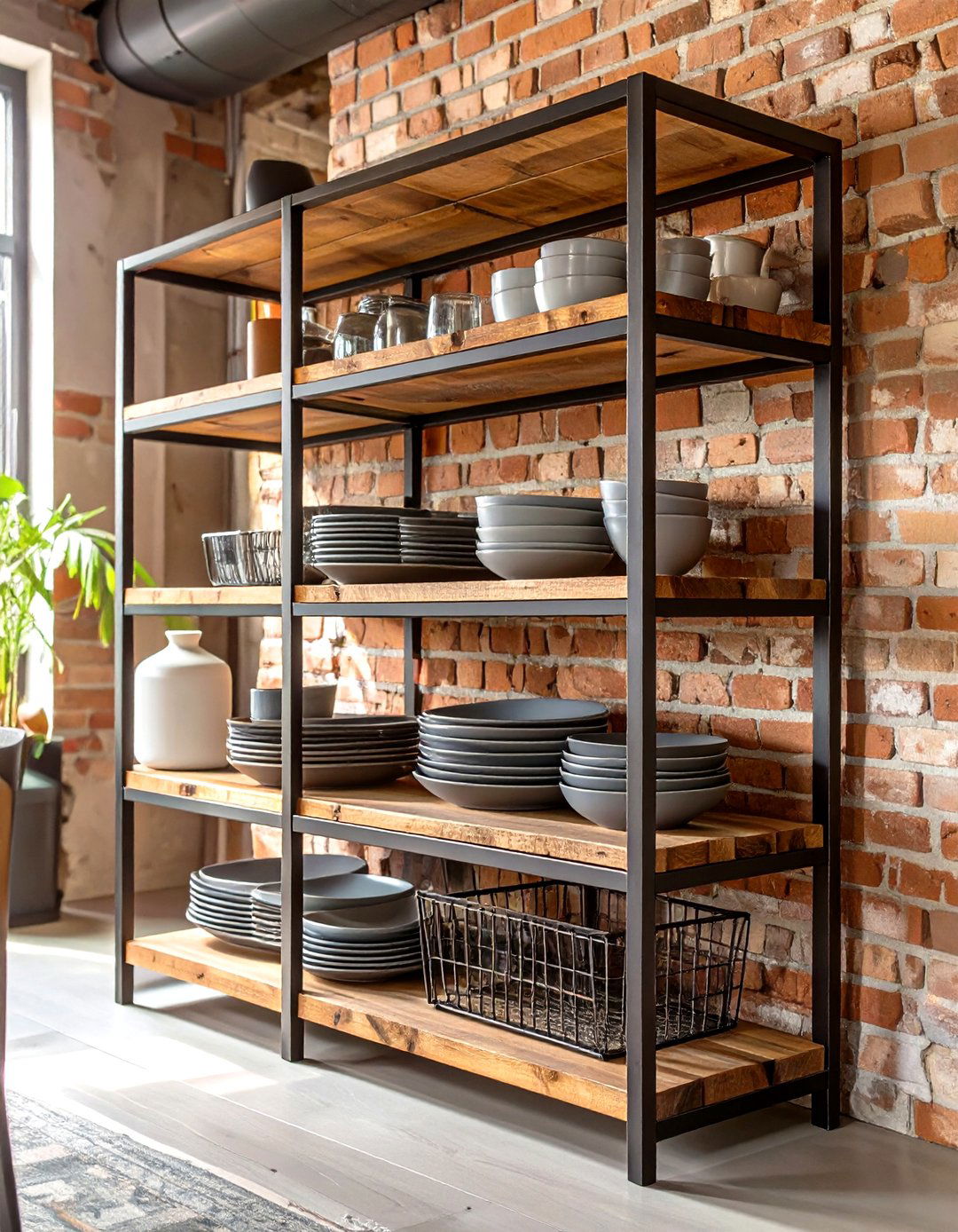 Industrial Metal and Wood Shelving Unit - 30 dining room storage ideas