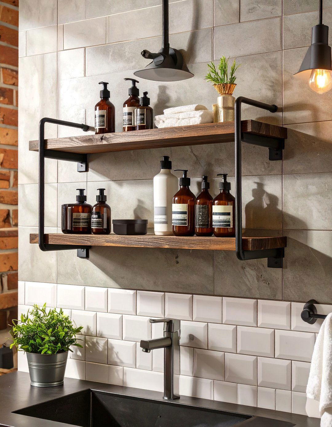 Industrial Metal and Wood Shelving - 30 bathroom counter organization ideas