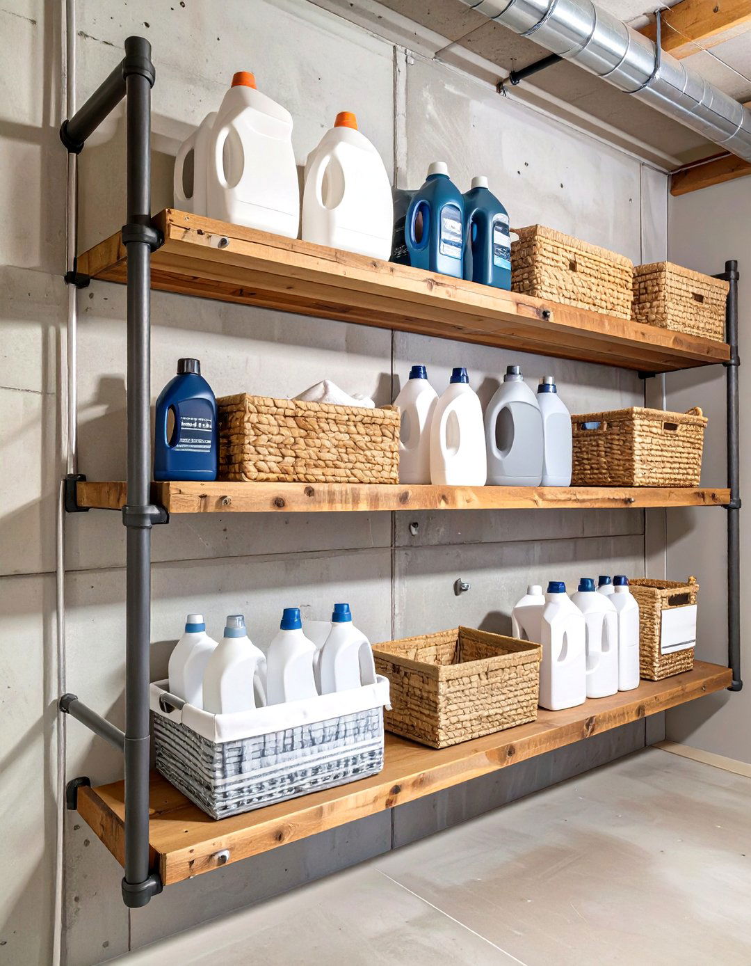 Industrial Pipe Shelving for Open Storage - 30 unfinished basement laundry room ideas