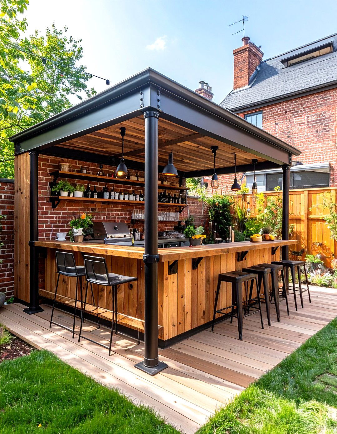 Industrial Pipe and Wood Patio Bar - 30 patio bar ideas