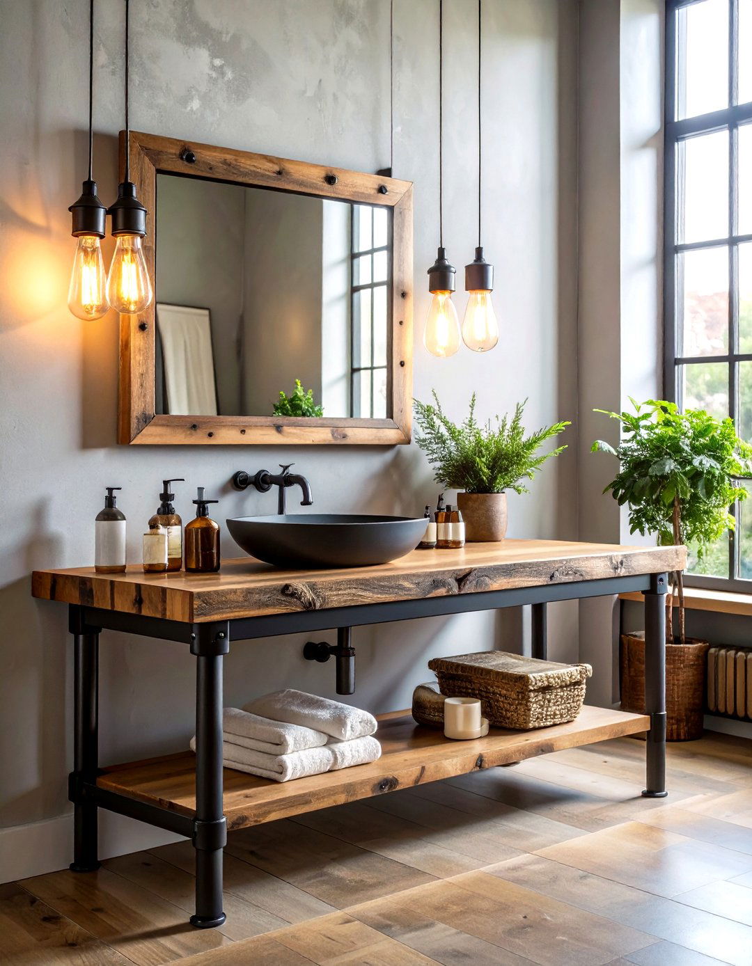 Industrial Pipe and Wood Vanity - 30 diy vanity ideas
