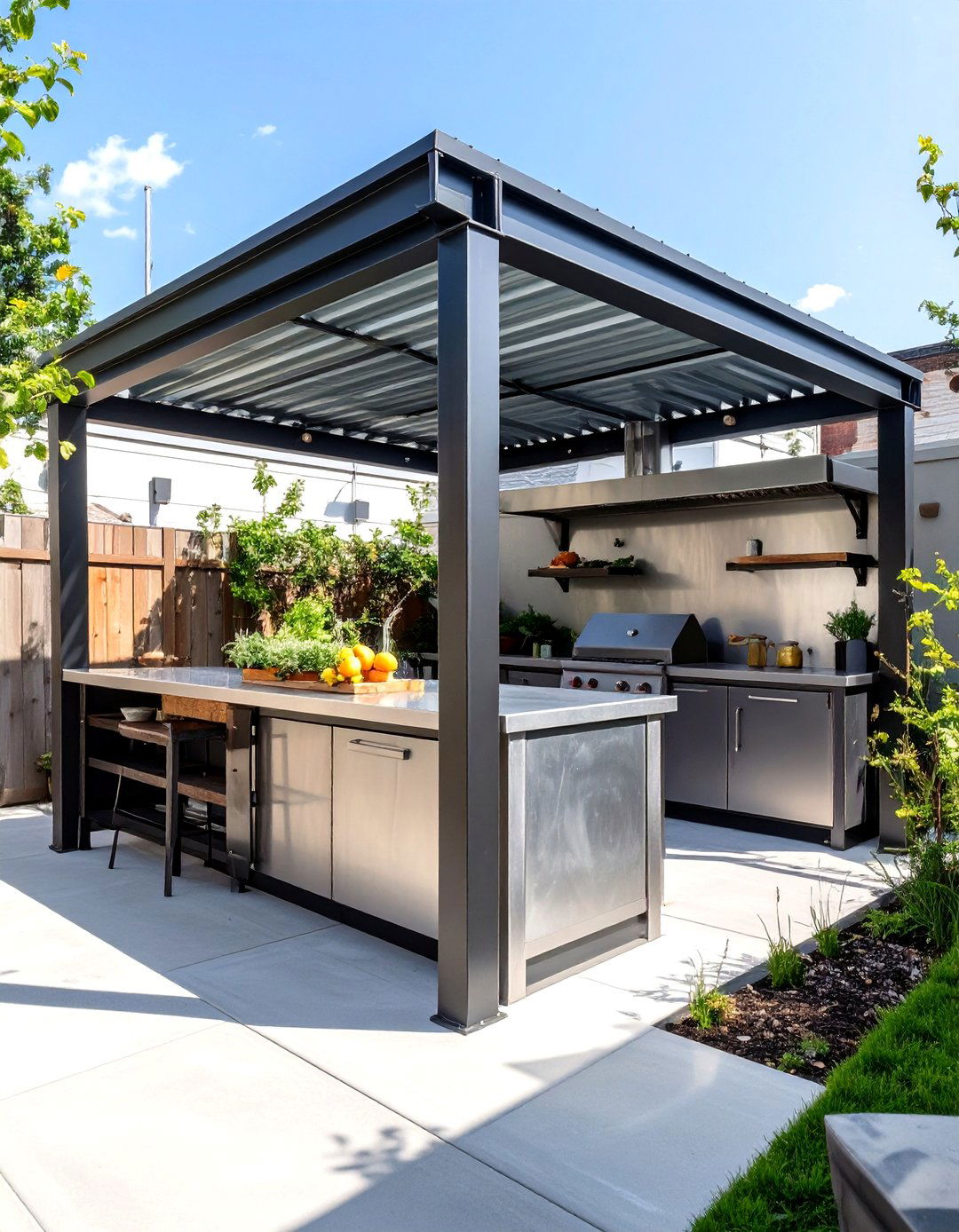 Industrial Small Covered Outdoor Kitchen with Metal Accents - 30 small covered outdoor kitchen ideas
