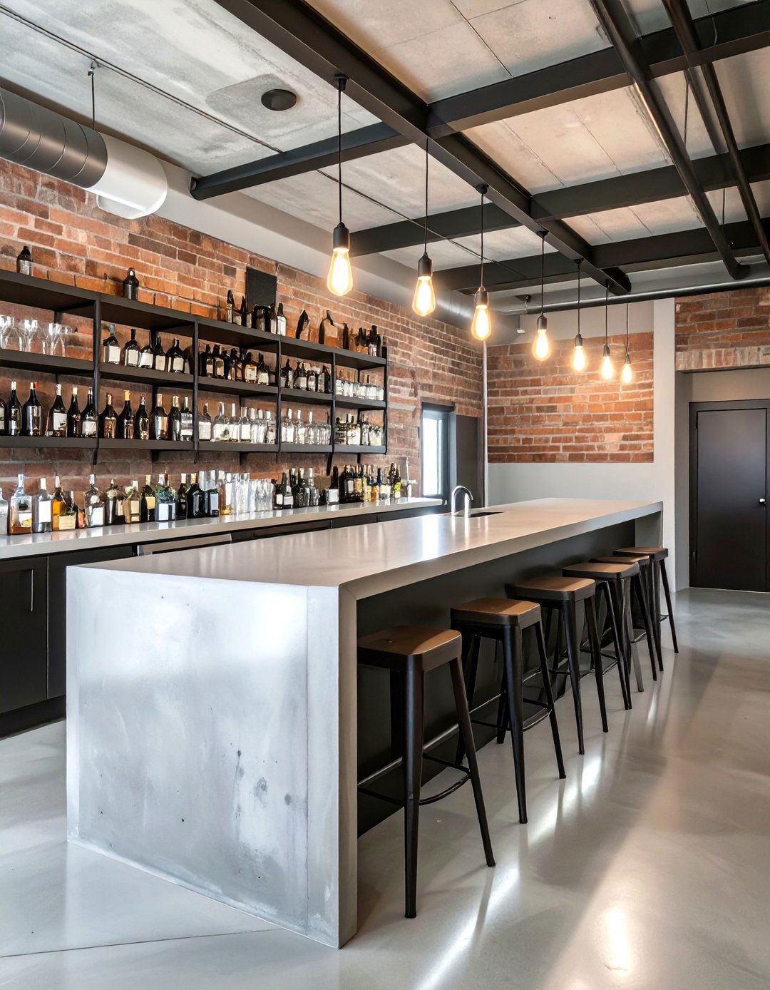 Industrial Style Basement Wet Bar with Pipe Shelving - 30 wet bar ideas for basement