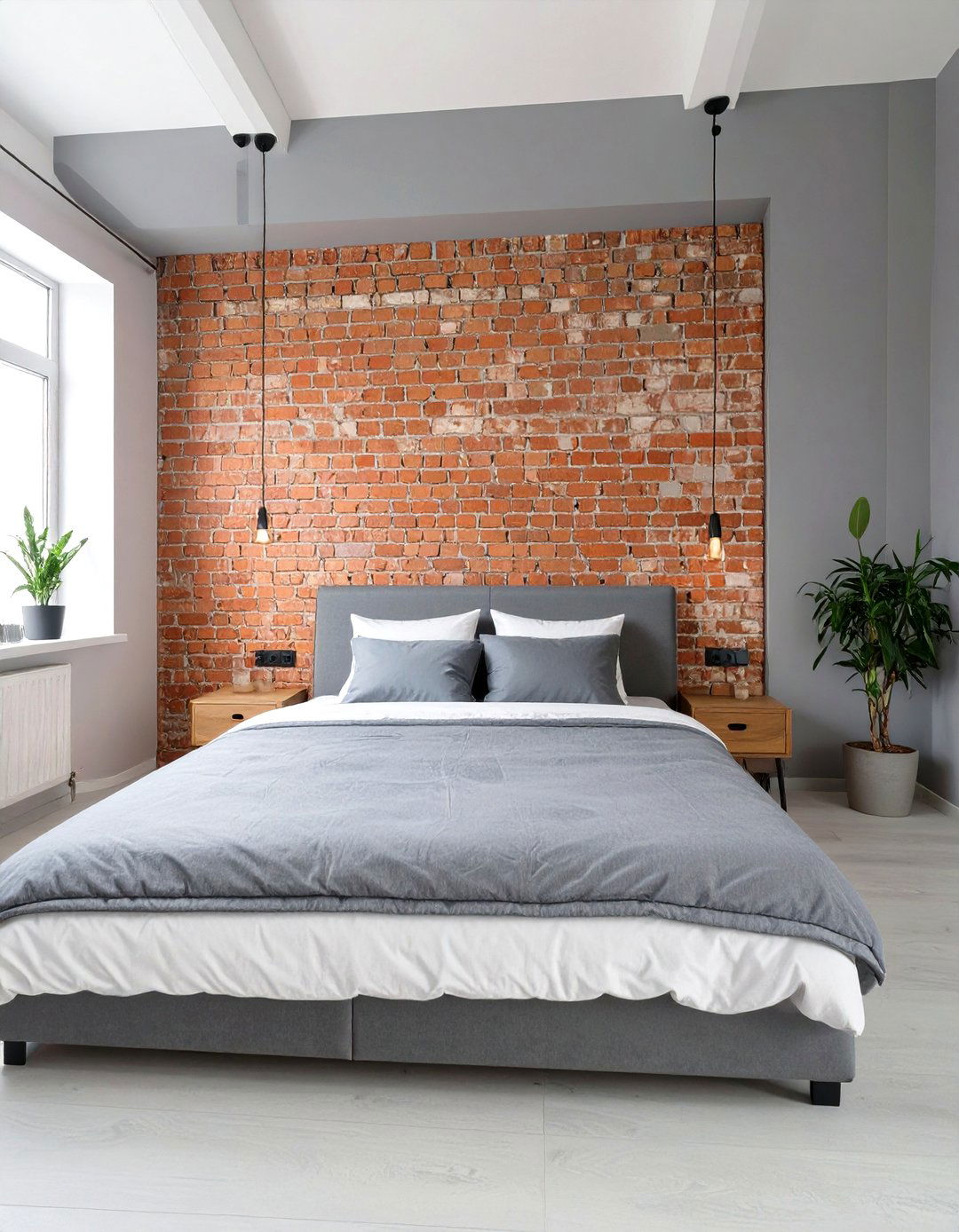 Industrial Style Grey Bedroom with Exposed Brick - 30 simple grey bedroom ideas