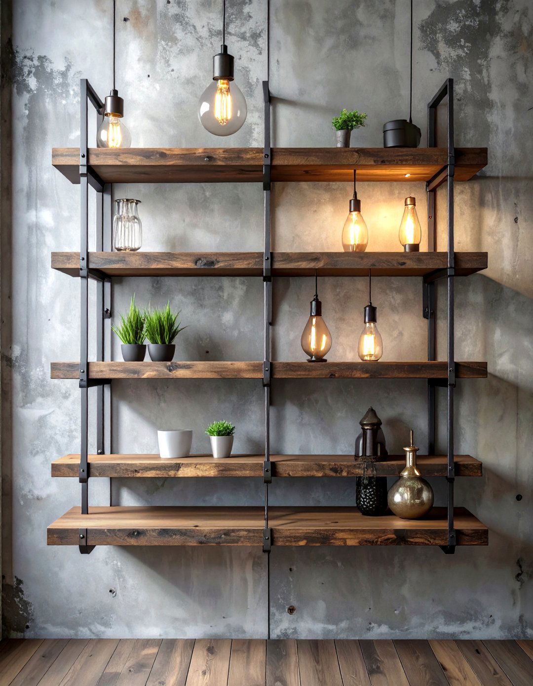 Industrial Style Metal and Wood Shelves - 30 floating shelves ideas living room