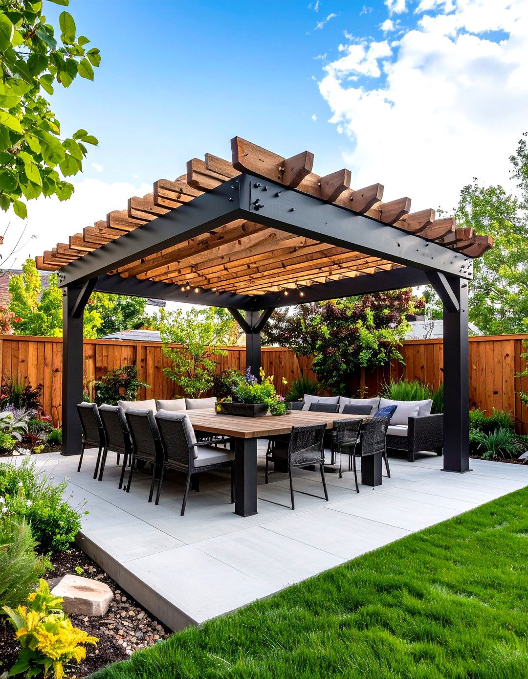 Industrial Style Reclaimed Wood and Steel Pergola - 30 outdoor pergola ideas