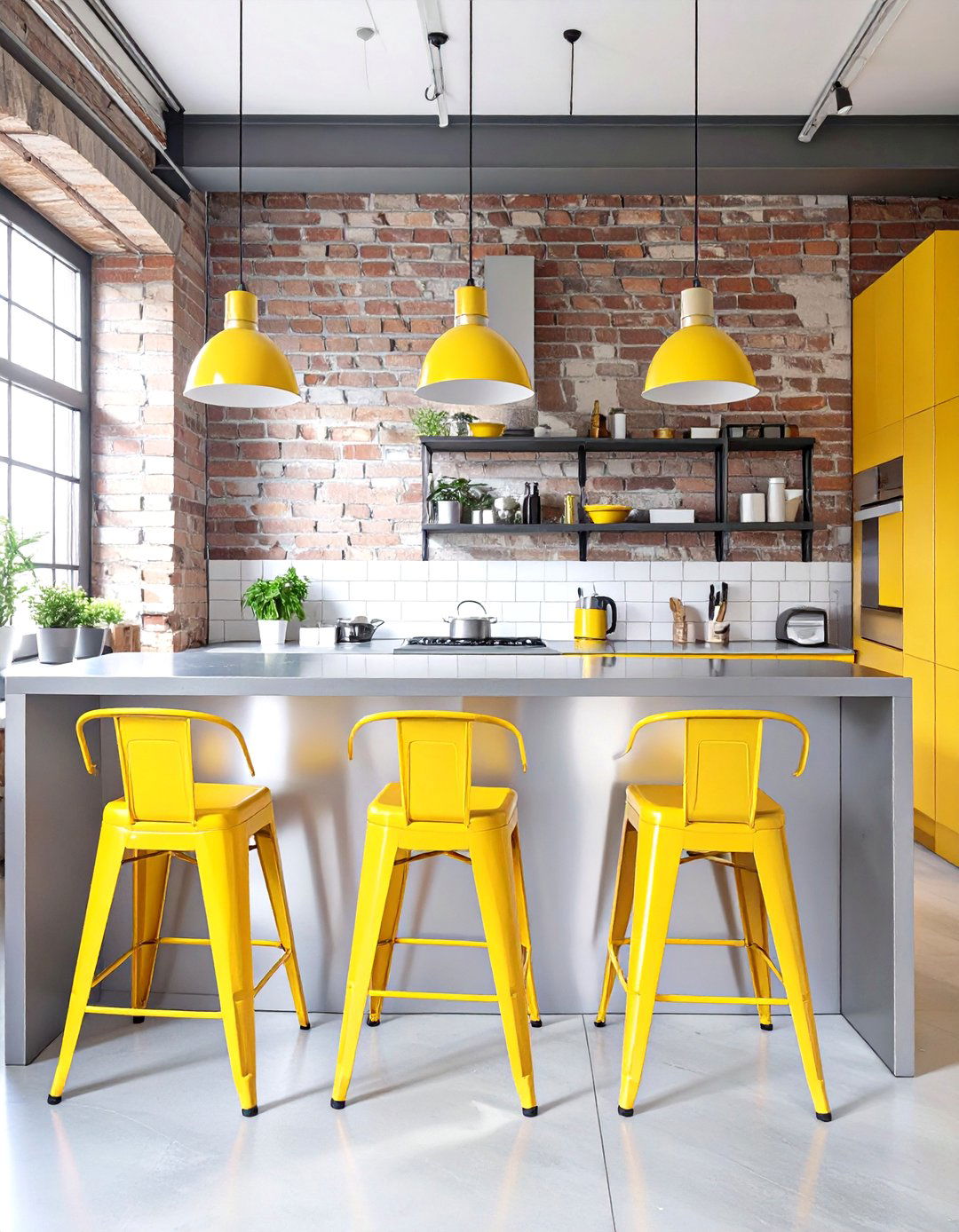 Industrial Style with Yellow Metal Stools - 30 yellow kitchen ideas