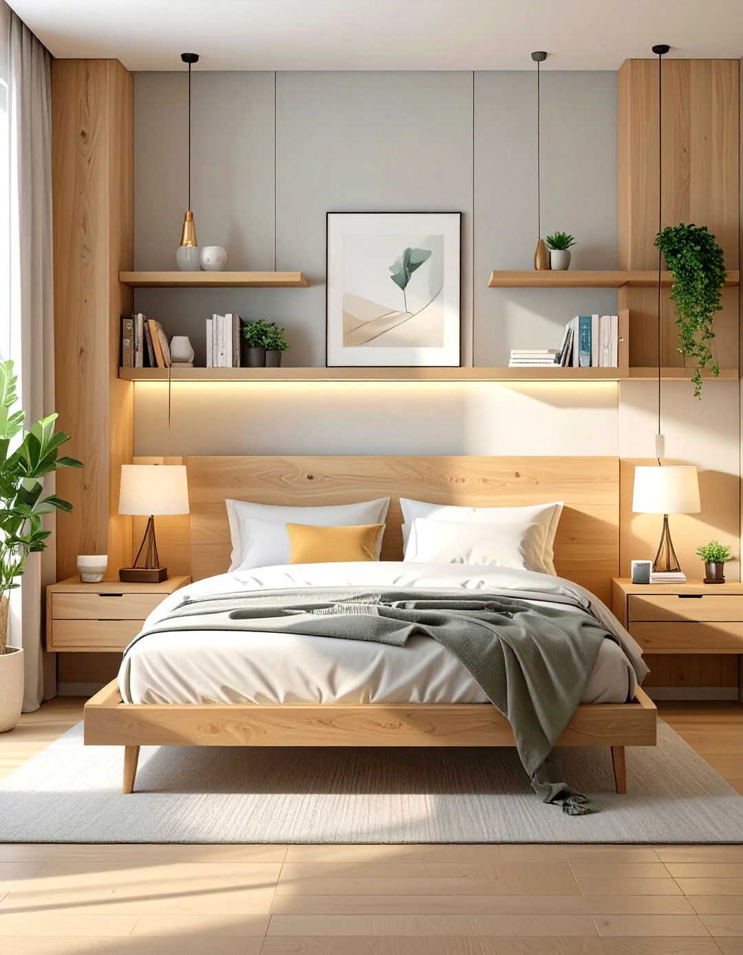 Install Floating Shelves as Nightstands - 30 simple bedroom decorating ideas
