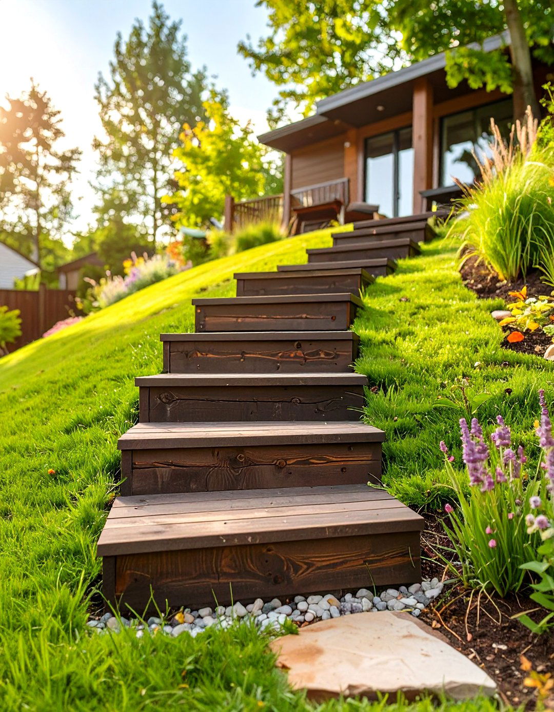 Install Inexpensive Landscape Timbers as Steps - 30 sloped backyard ideas on a budget