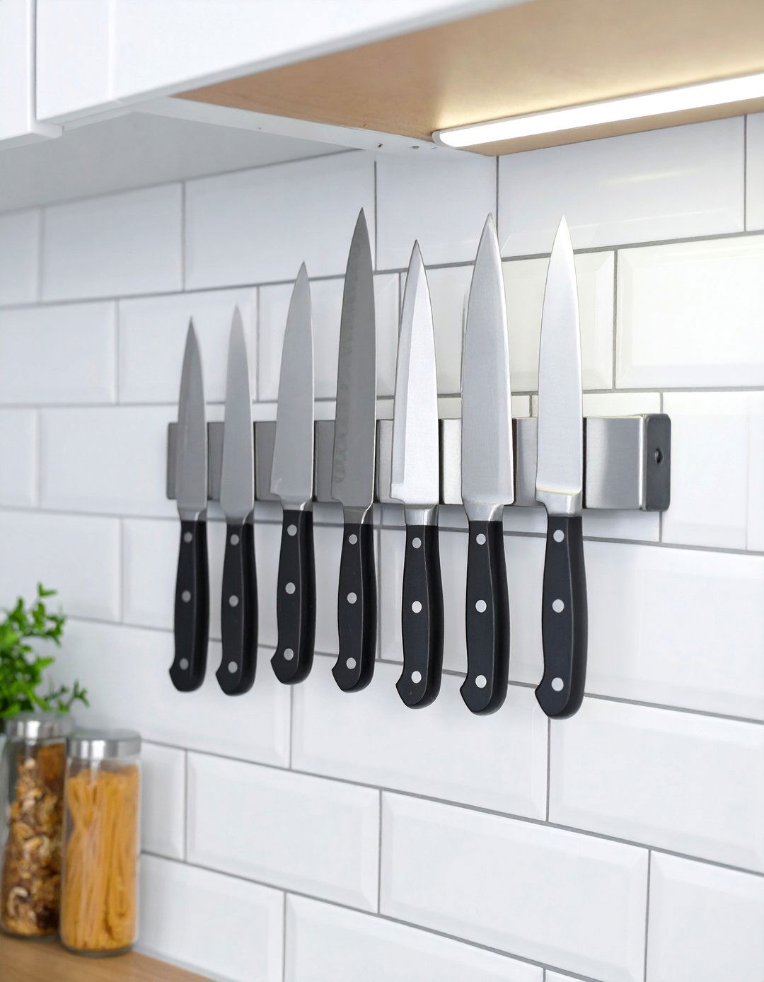Install Wall Mounted Magnetic Knife Strips - 30 small kitchen storage ideas