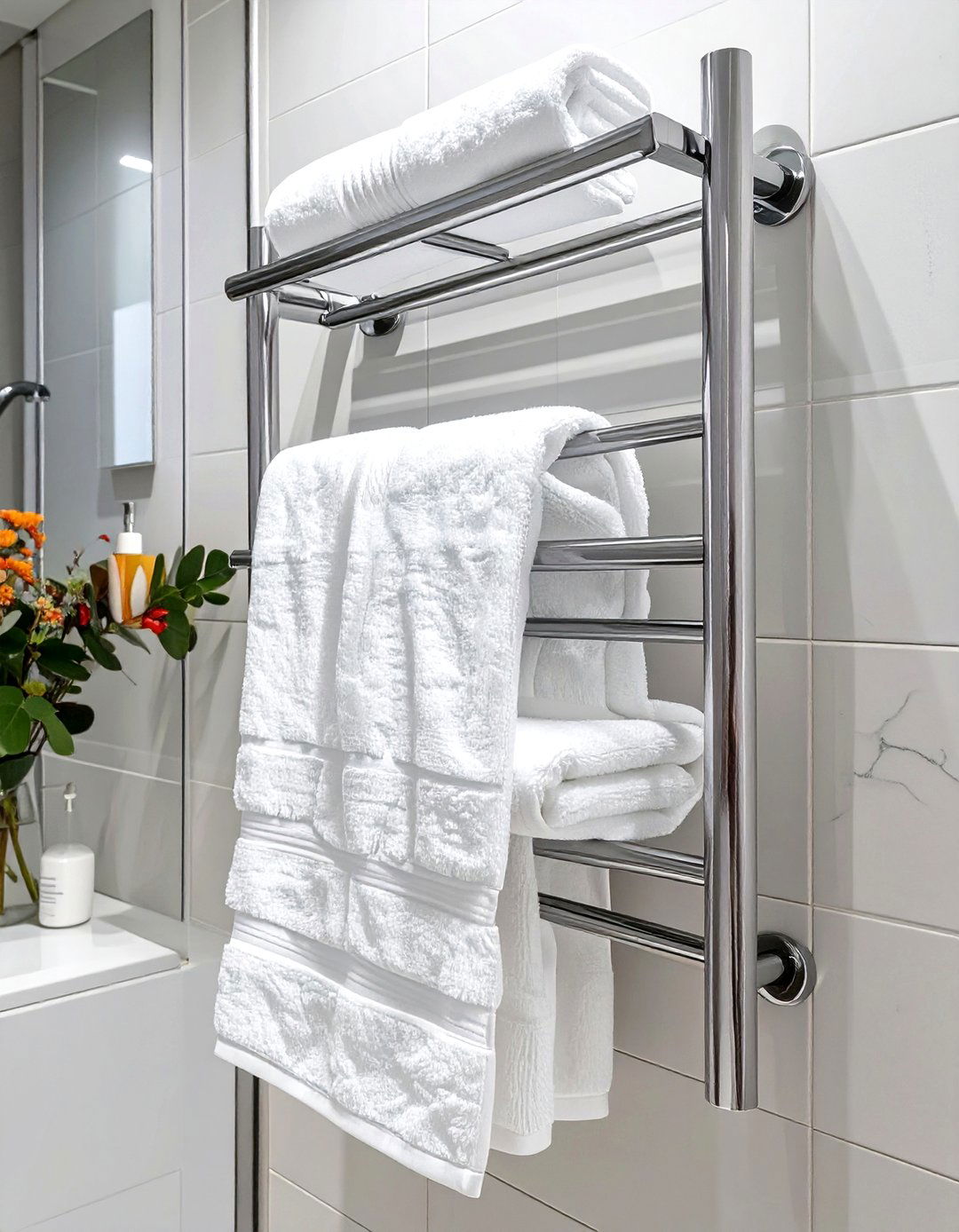 Install a Combination Towel Warmer and Rack - 30 small bathroom decorating ideas