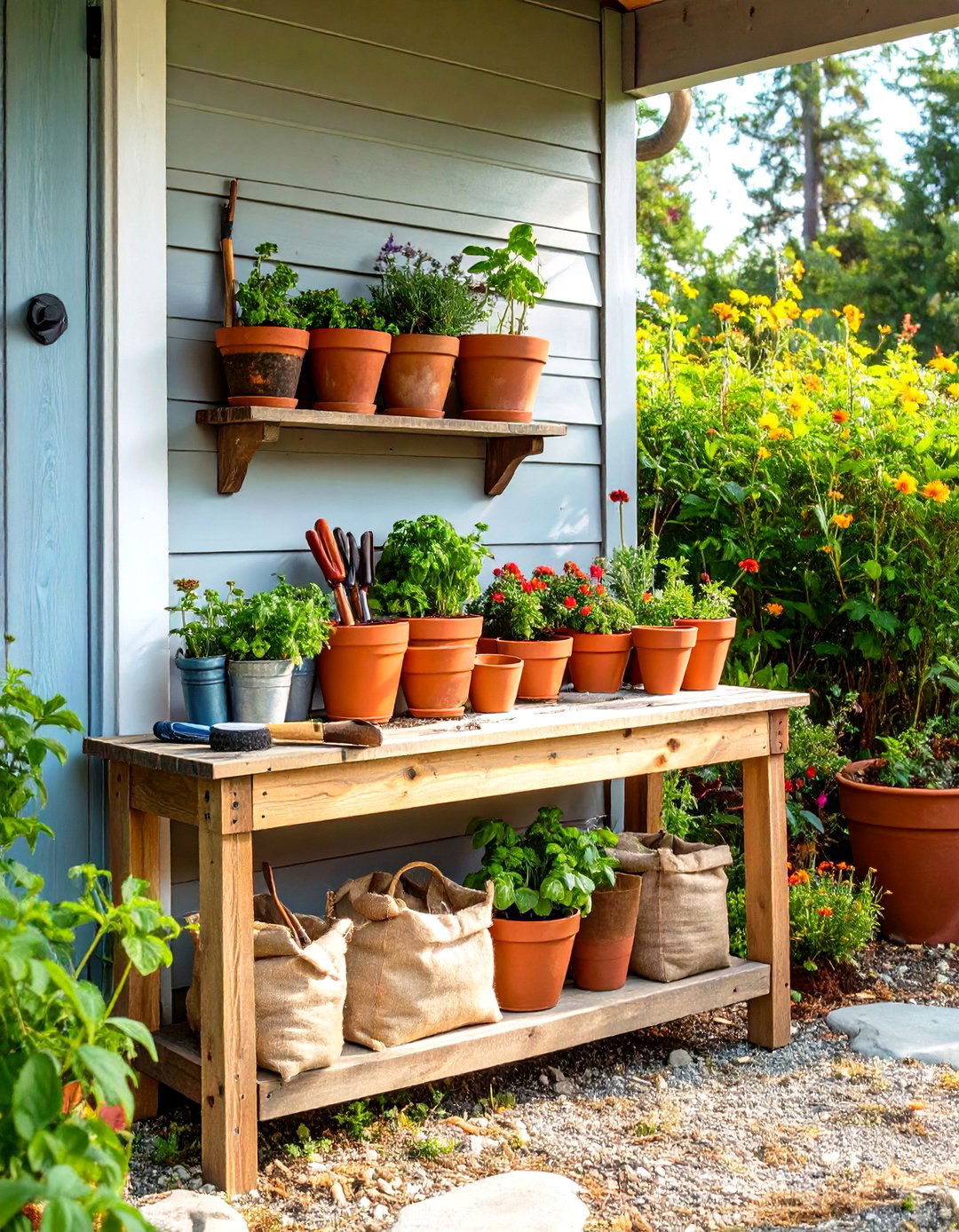 Install a Simple Potting Bench - 30 simple backyard landscaping ideas