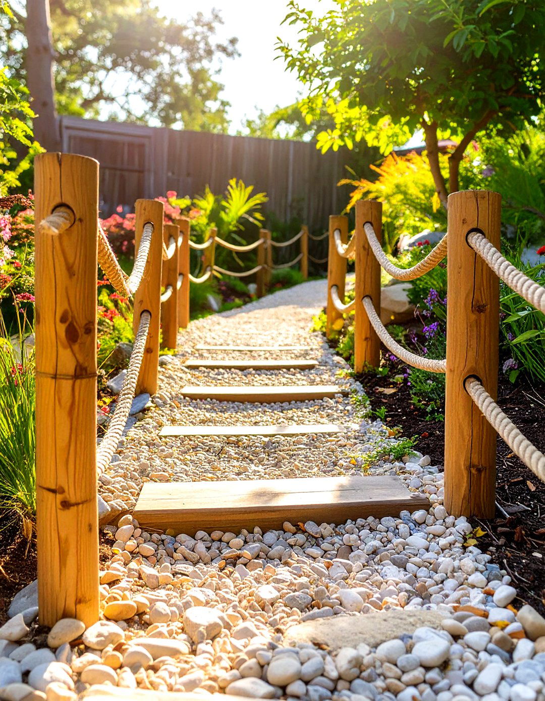 Install a Simple Rope Handrail Along a Path - 30 sloped backyard ideas on a budget