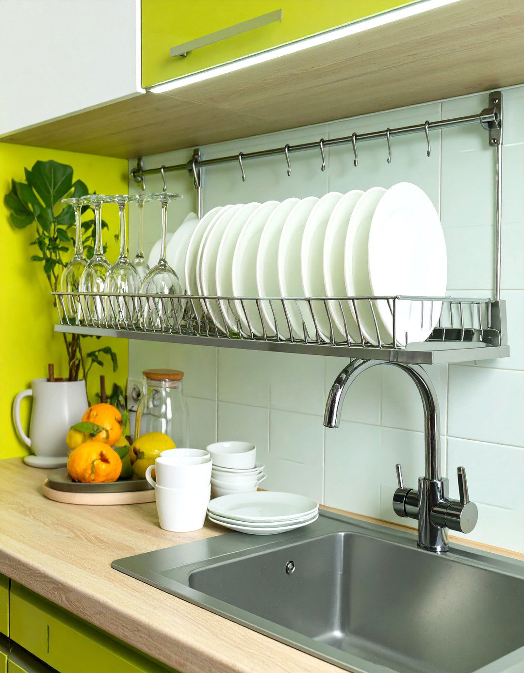 Install a Wall Mounted Dish Rack - 30 very small kitchen ideas on a budget