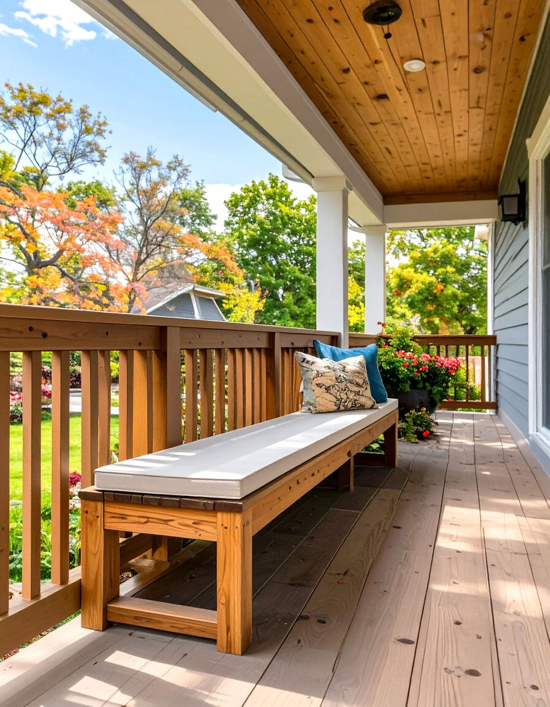 Integrated Bench Wood Railing - 30 wood front porch railing ideas