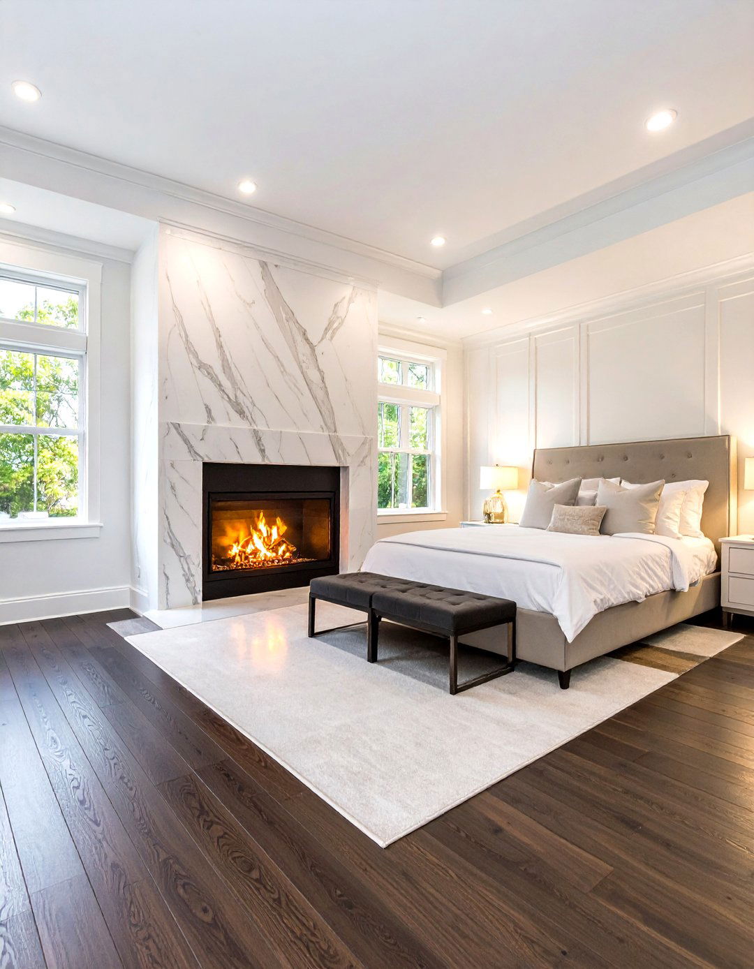 Integrated Fireplace with a Marble Surround - 30 romantic modern luxury master bedroom designs