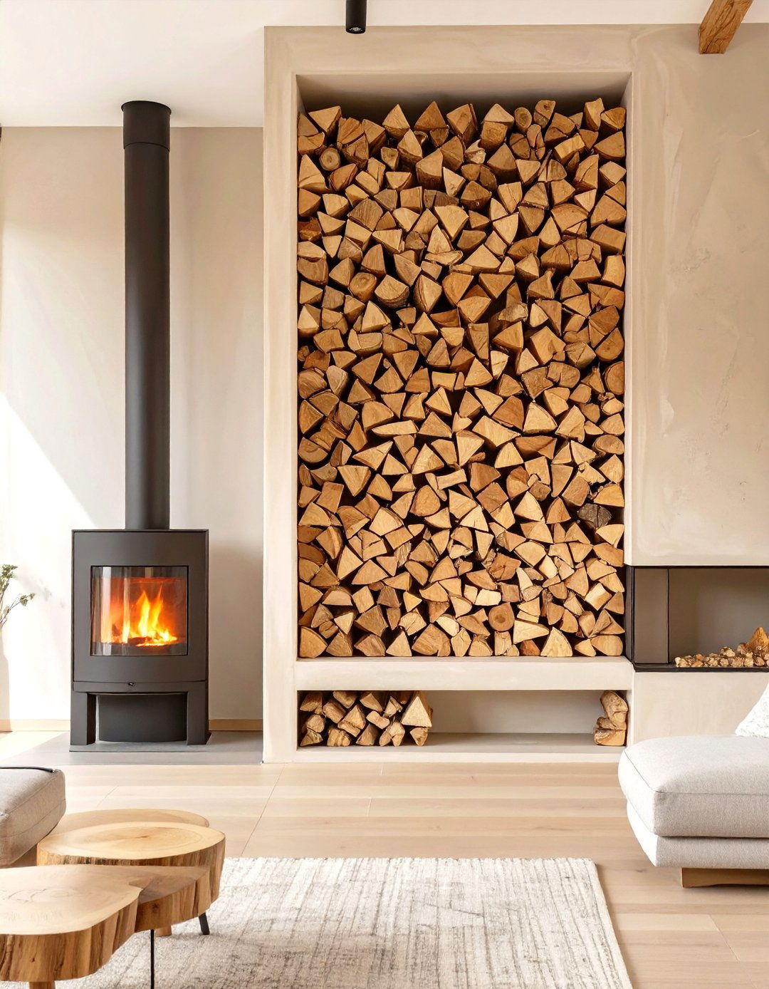 Integrated Firewood Storage Niche - 30 modern fireplace accent wall ideas