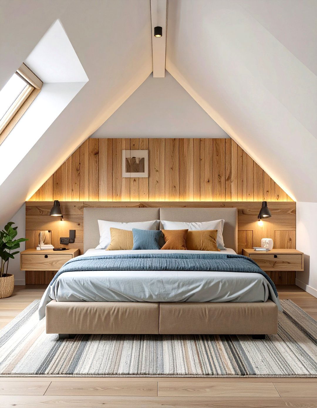 Integrated Headboard with Built In Nightstands - 30 slanted ceiling low ceiling attic bedroom ideas