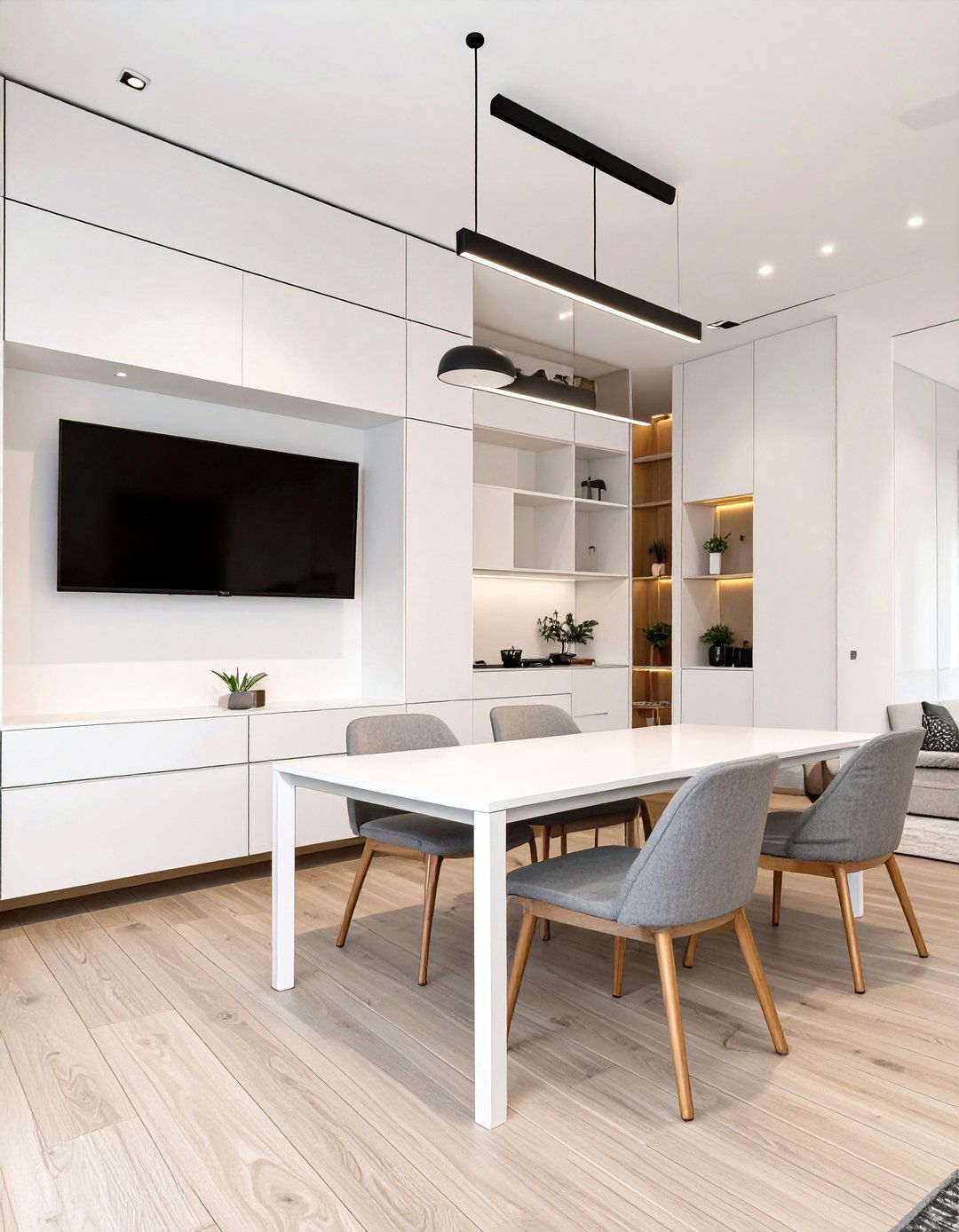 Integrated Media Wall Unit with a Pull Out Dining Table - 30 small living room ideas with tv and dining table