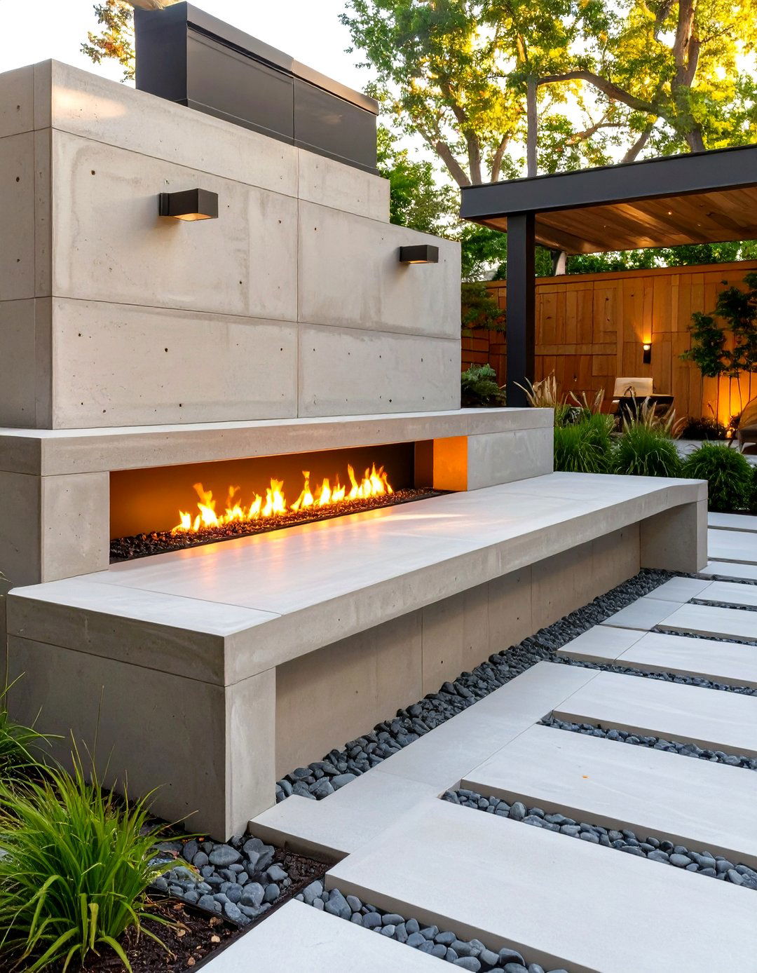 Integrated Patio Bench and Fireplace - 30 small outdoor fireplace ideas