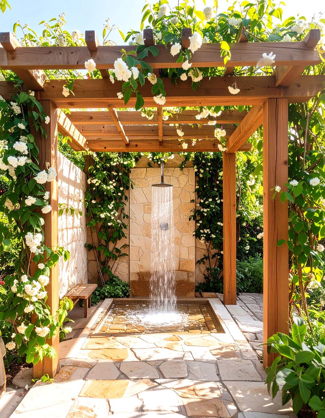 Integrated Pergola and Vine Shower - 30 rustic outdoor shower ideas