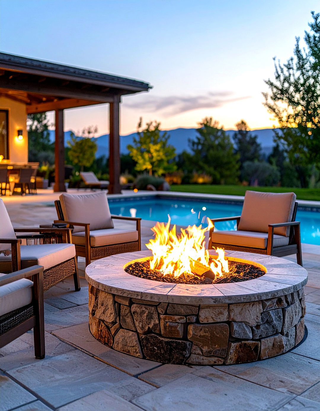 Integrated Poolside Fire Pit - 30 pool landscape ideas