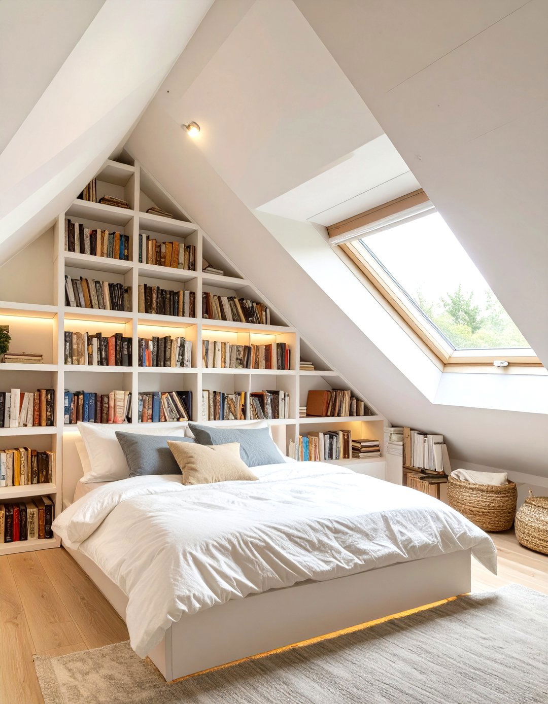 Integrated Shelving Along the Slopes - 30 small attic bedroom low sloped ceiling bedroom ideas