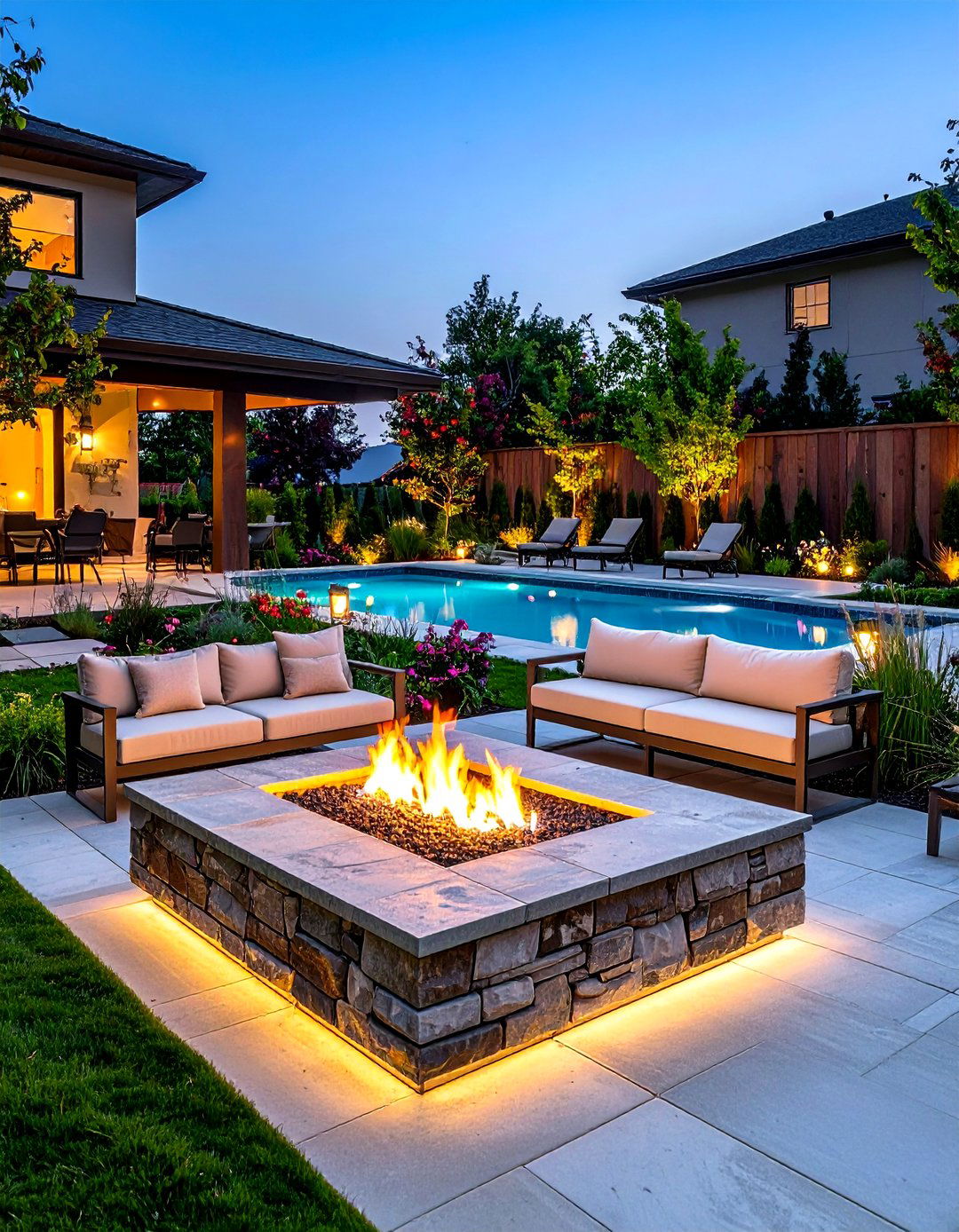 Integrated Sunken Fire Pit Area - 30 pool landscaping design ideas