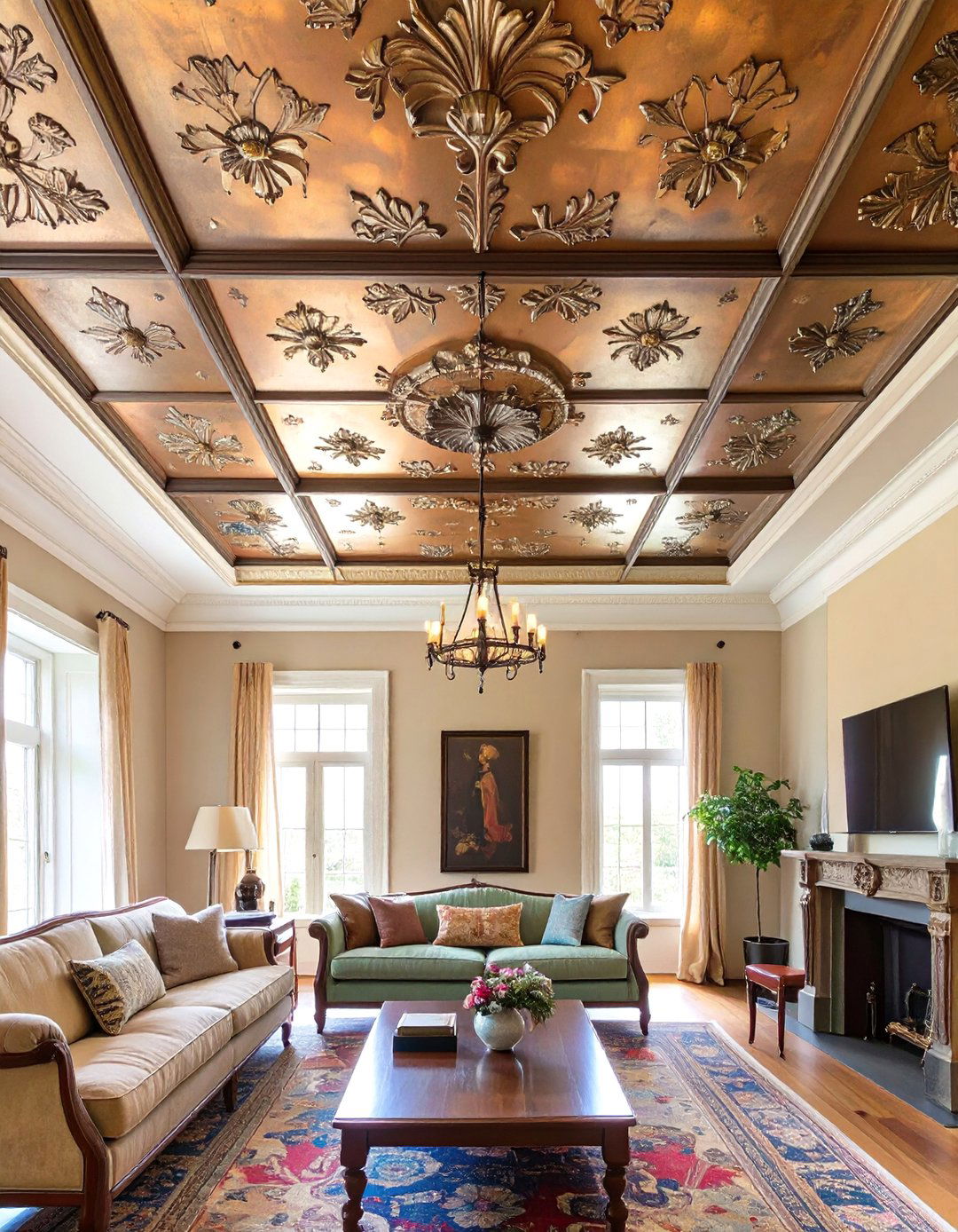 Intricate Tin Tile Charm - 30 ceiling ideas for living room