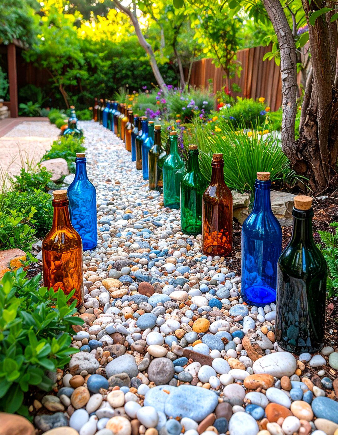 Inverted Glass Bottle Edging for a Pea Gravel Patio