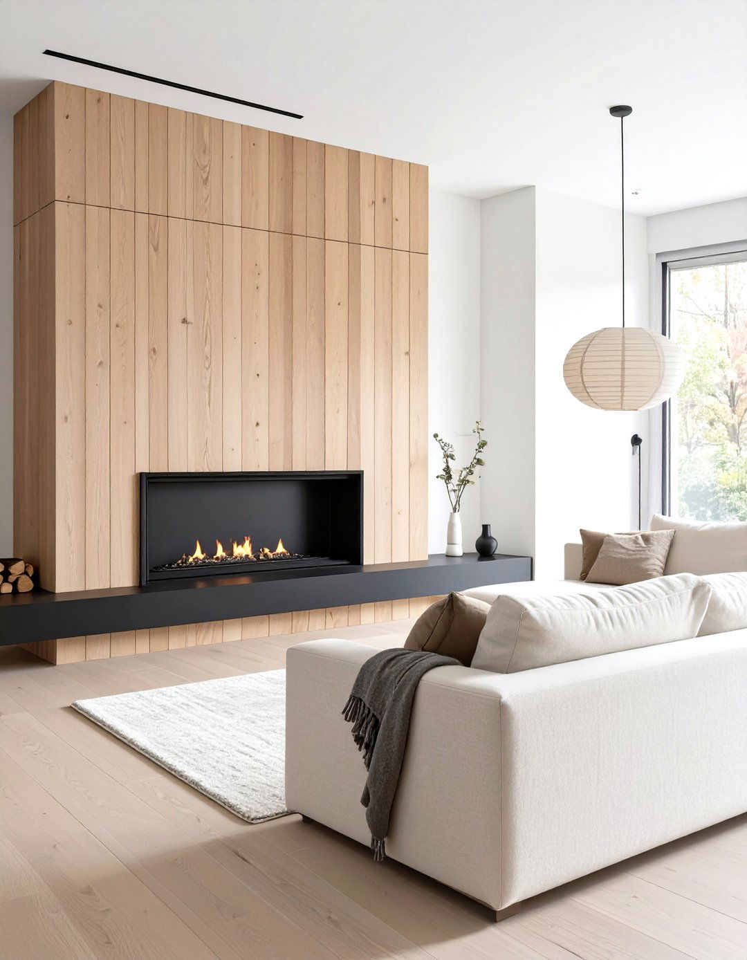 Japandi Style Slat Wood Fireplace - 30 modern fireplace accent wall ideas