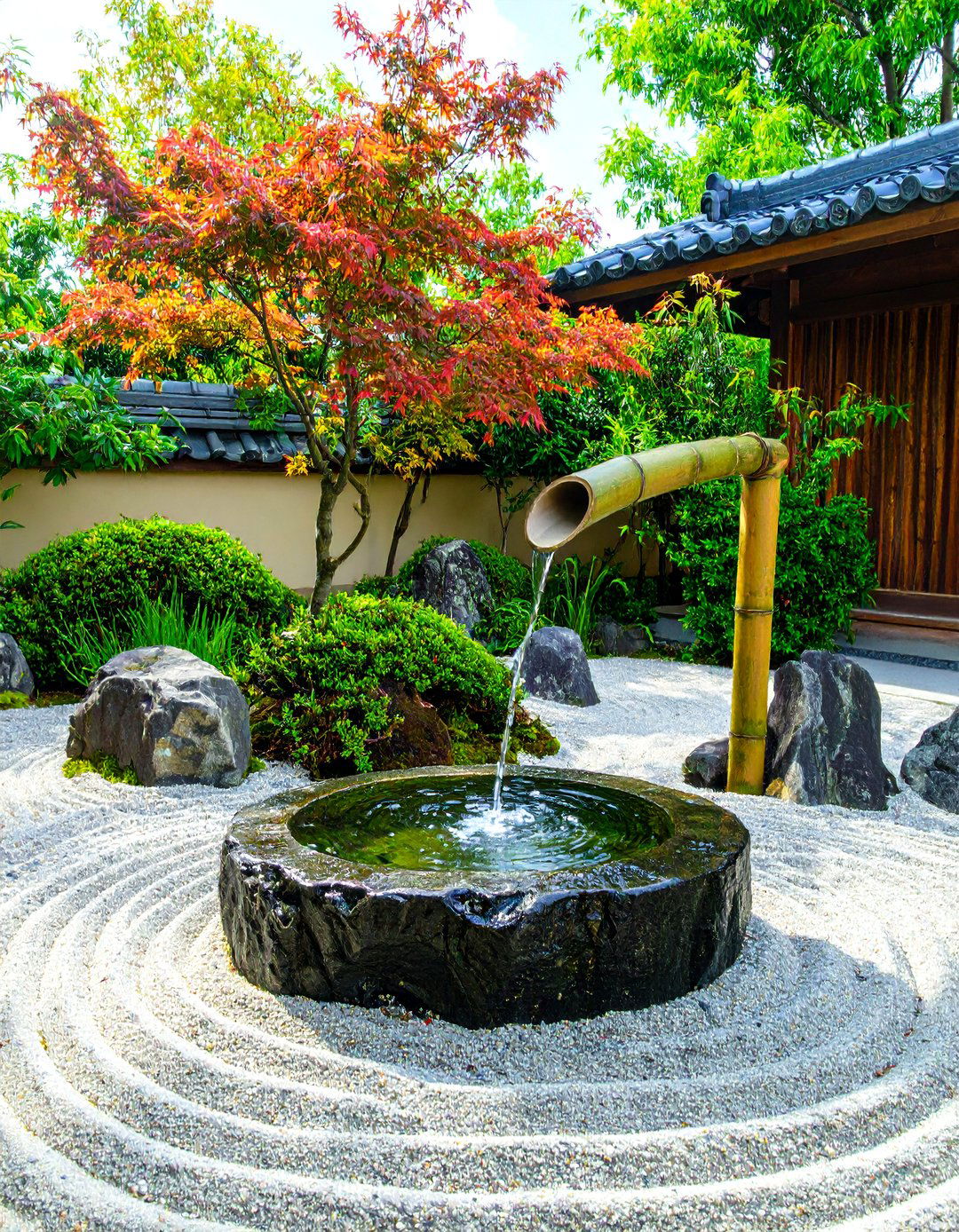 Japanese Bamboo Shishi Odoshi Outdoor Fountain - 30 outdoor fountain ideas