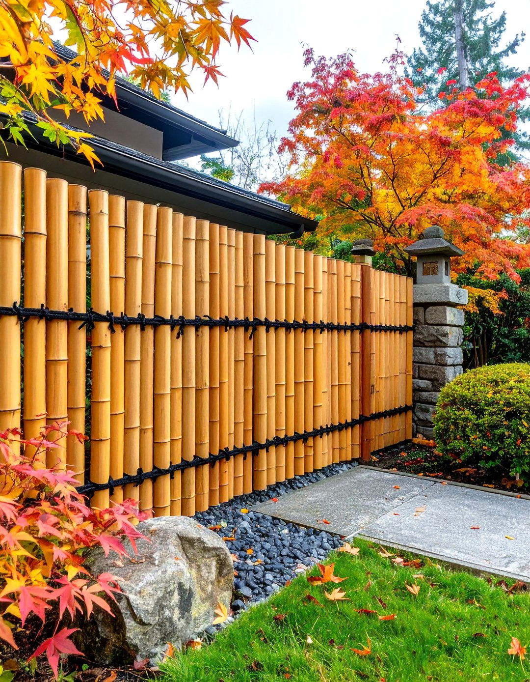 Japanese Inspired Bamboo Fence and Gate - 30 front yard fence ideas with driveway
