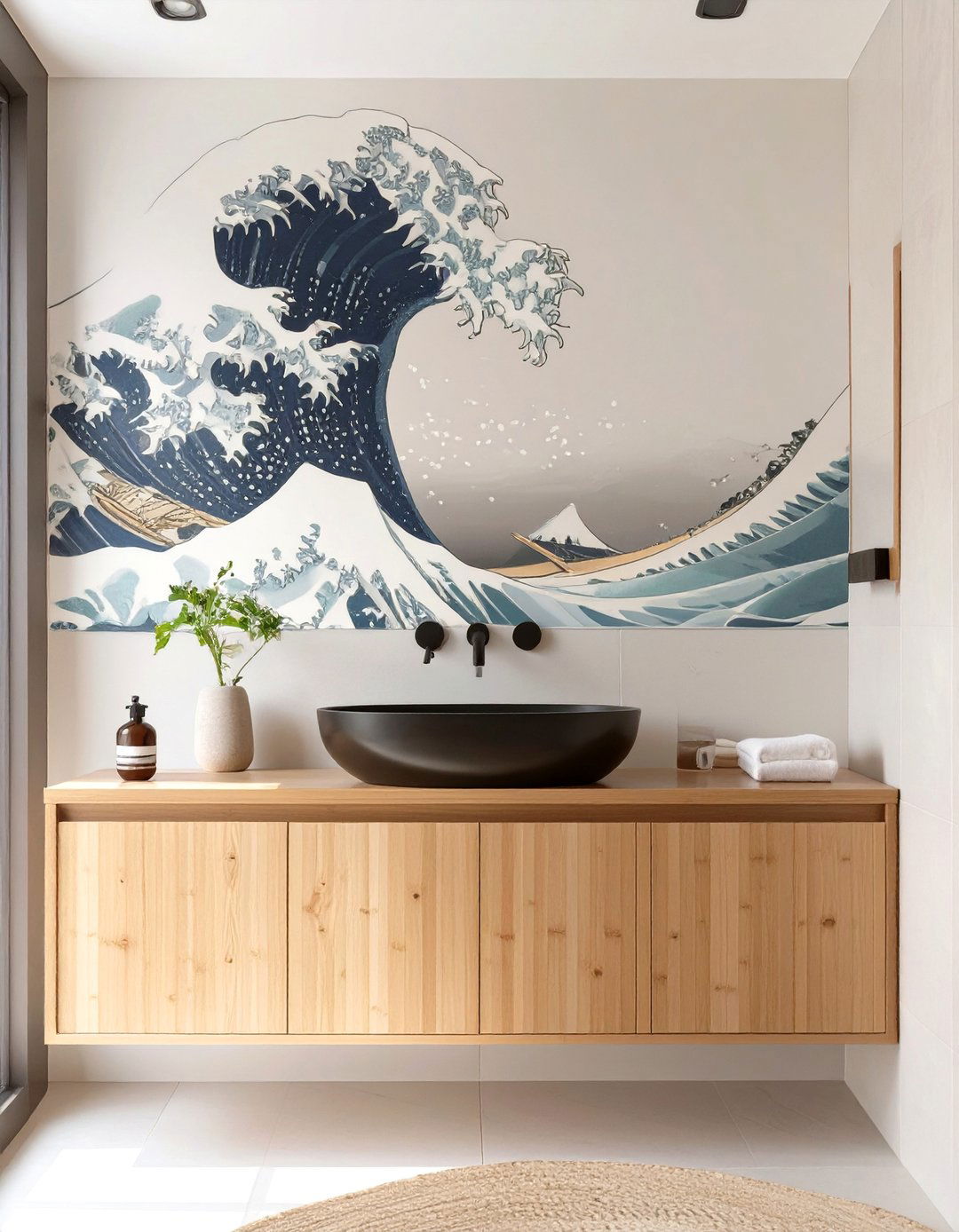 Japanese Inspired Wave Wallpaper - 30 bathroom wallpaper ideas